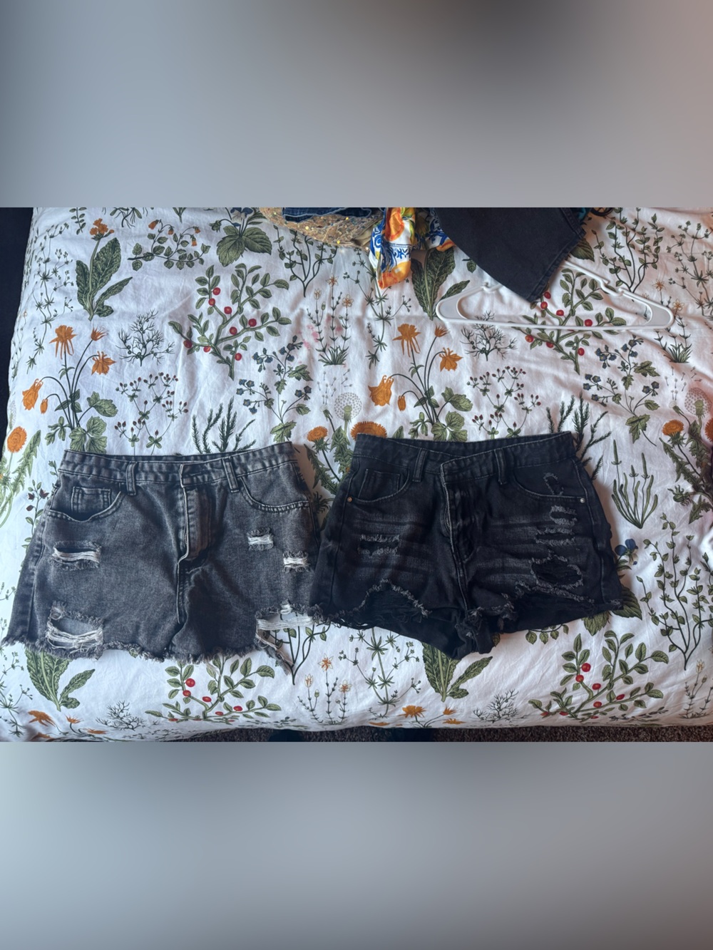 Two pairs Women's Distressed Denim Shorts - Black/Grey and a pair of black jeans